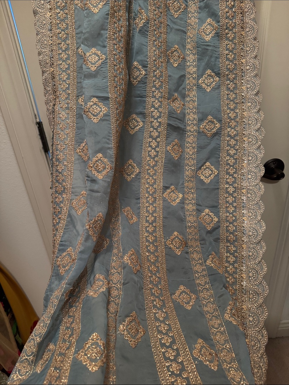 Chic Light Blue gold shiny embroidery & gorgeous scallop Lace Trim dupatta/shawl